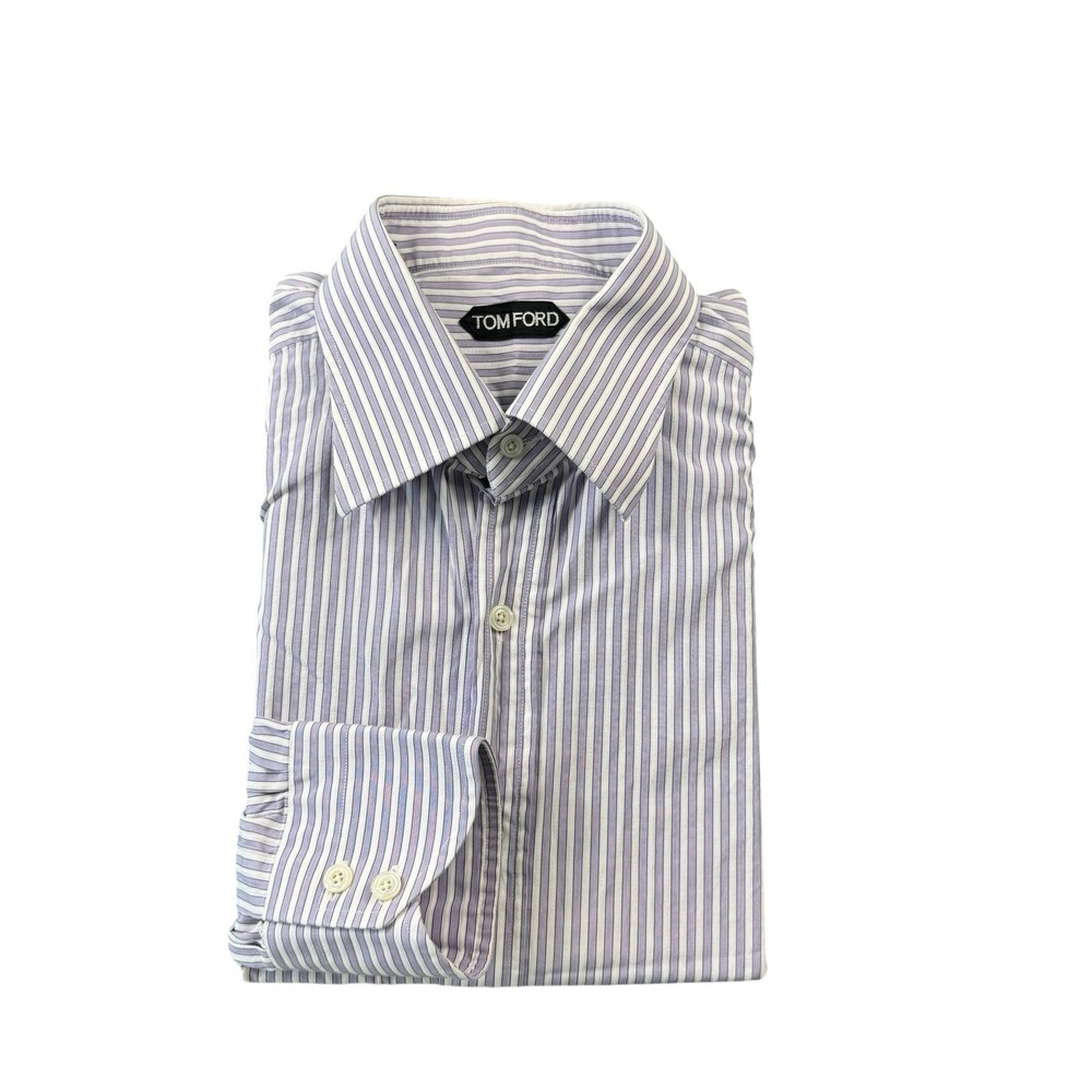 Tom Ford Mens White Purple Striped Cotton Button Front Shirt Size 16/41